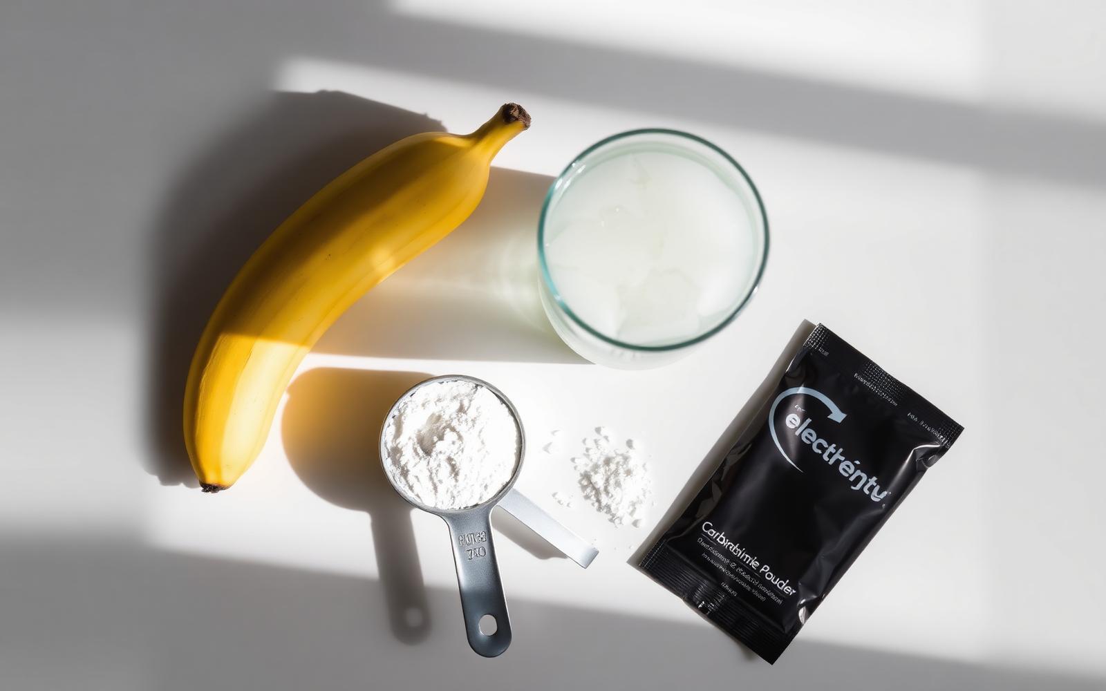 Översiktsbild på elektrolytdryck, banan, kolhydratpulver och saltkristaller – byggstenarna i en bra sportdryck